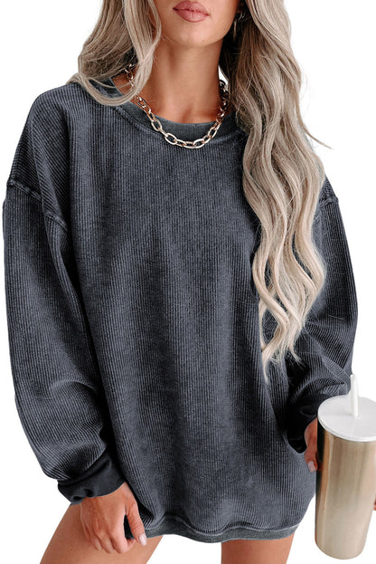 Customizable Solid Ribbed Knit Round Neck Casual PulloverSweatshirt