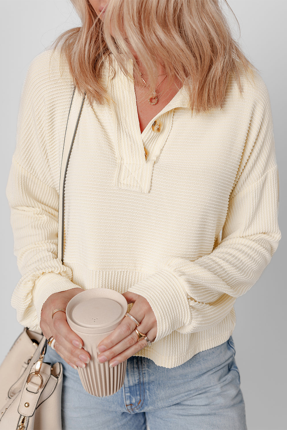 Waffle Knit Lantern Sleeve Henley Pullover – Apricot