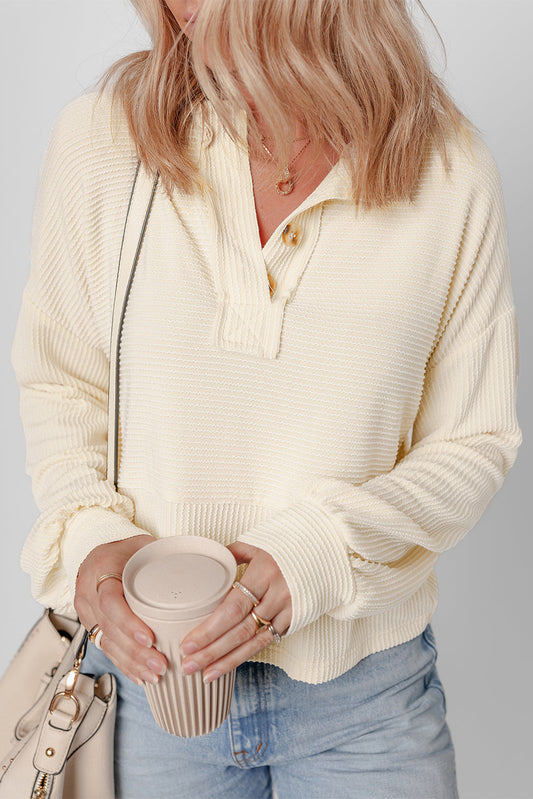 Waffle Knit Lantern Sleeve Henley Pullover – Apricot