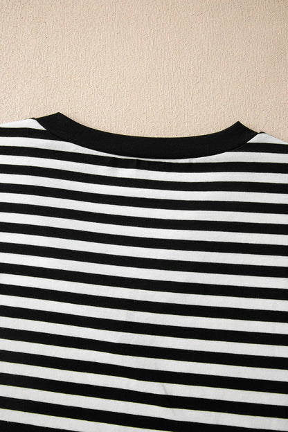 Black Stripe V Neck Lace Trim Casual Tee Top