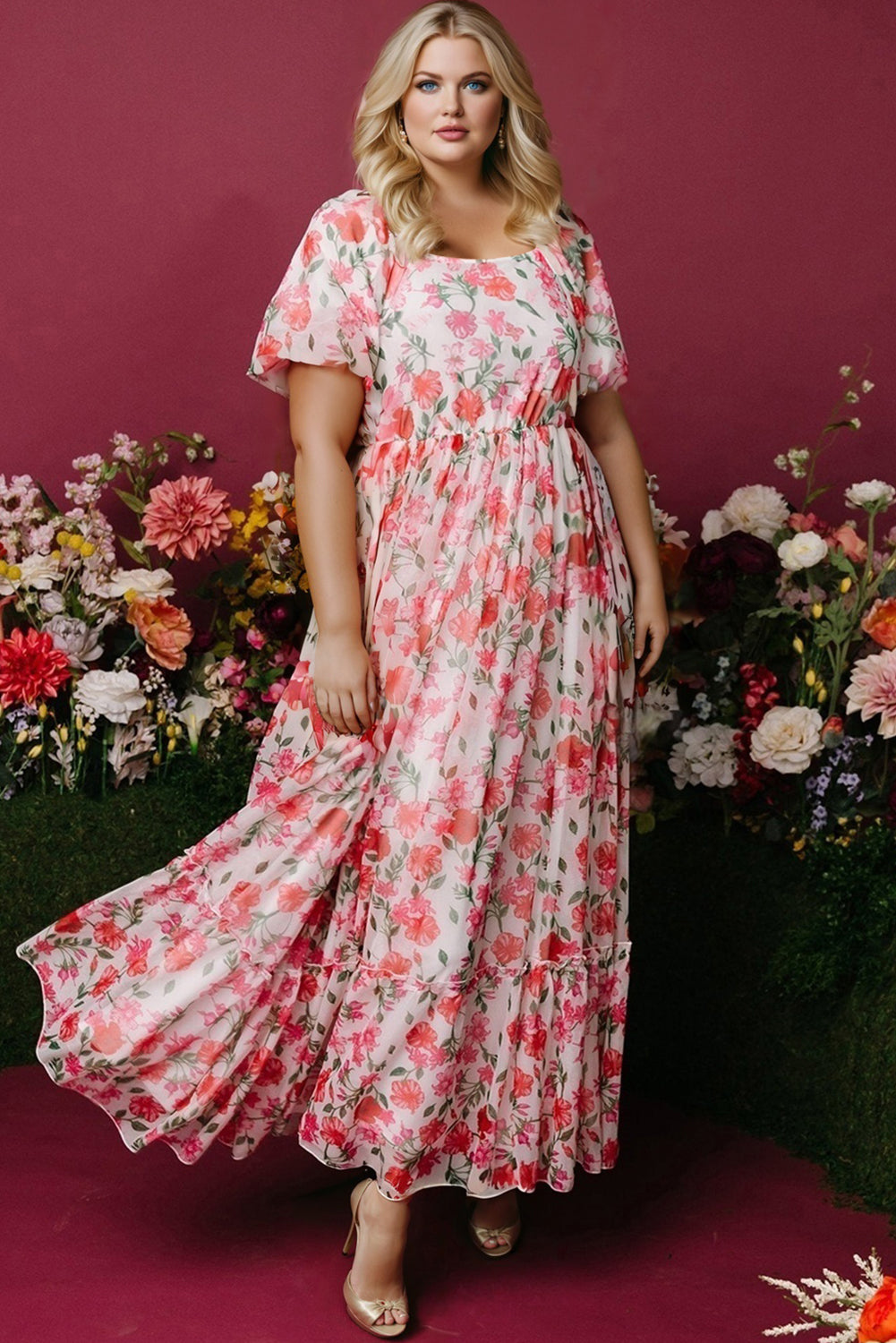 Plus Size Easter Floral Puff Sleeve Maxi Dress