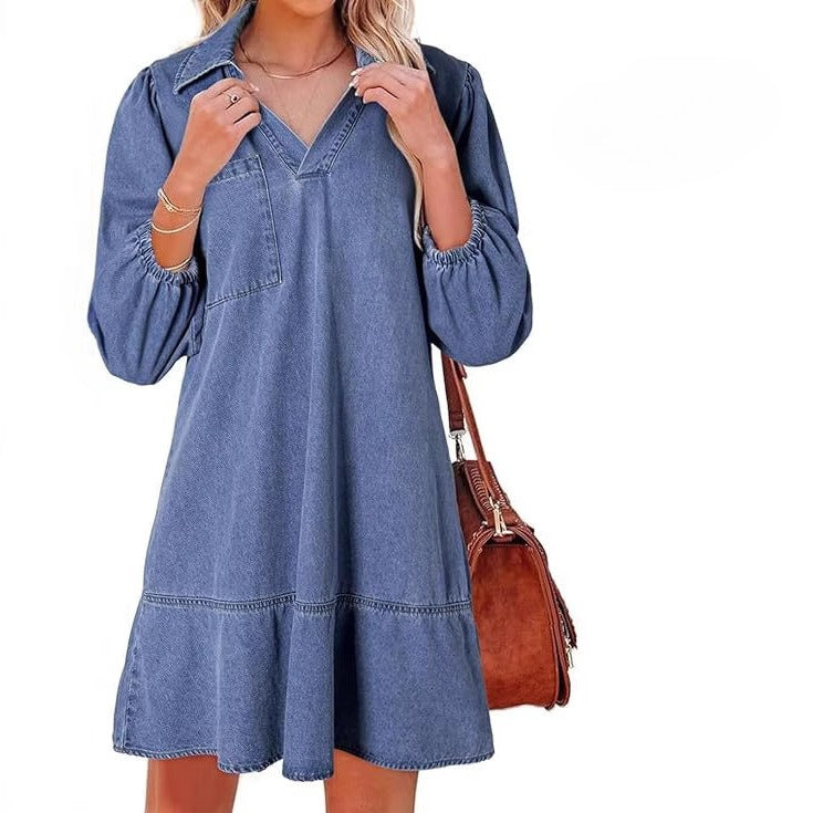 Women's V-Neck Denim Dress Puff Sleeve Tiered Jean Dress