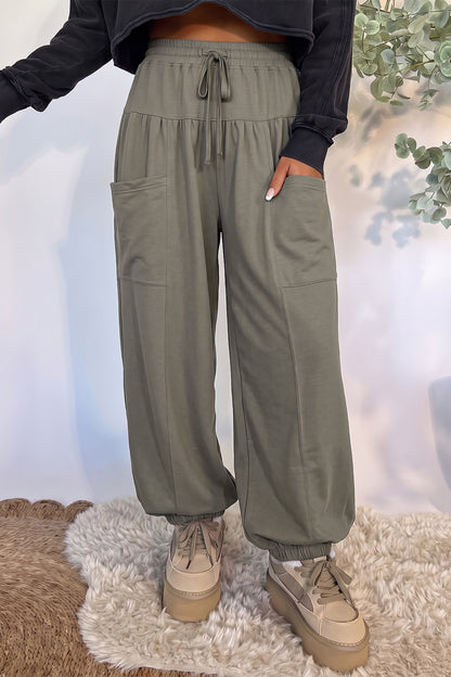 Dirty blue Elastic Waist Drawstring Wide Leg Full Length Pants
