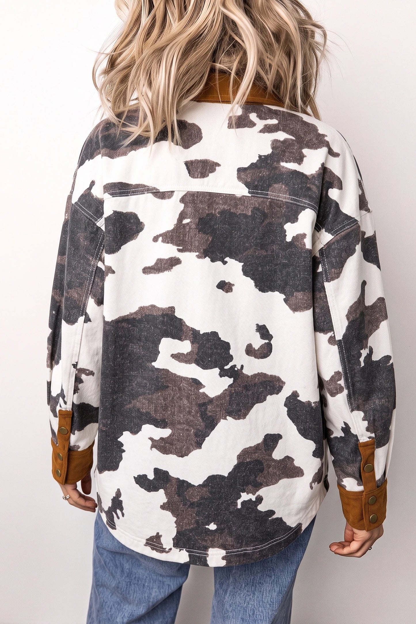 Cow Print Corduroy Trim Western Oversized Shacket