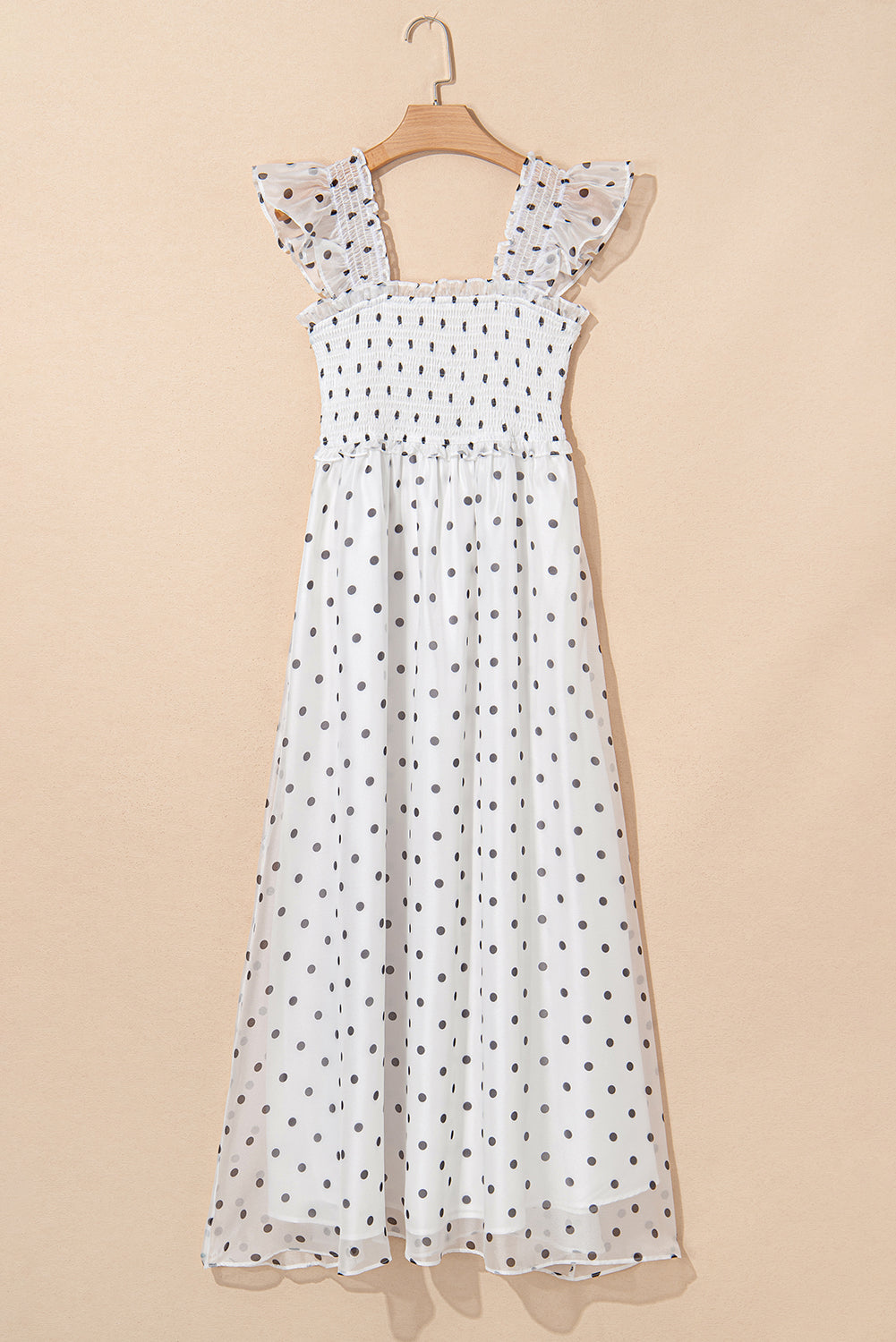 White Polka Dot Smocked Square Neck Flutter Maxi Dress