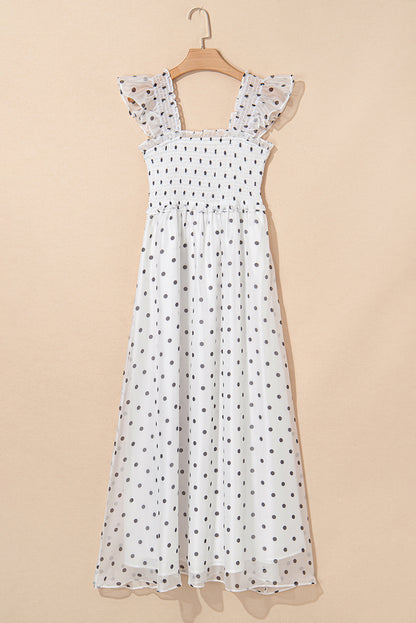 White Polka Dot Smocked Square Neck Flutter Maxi Dress