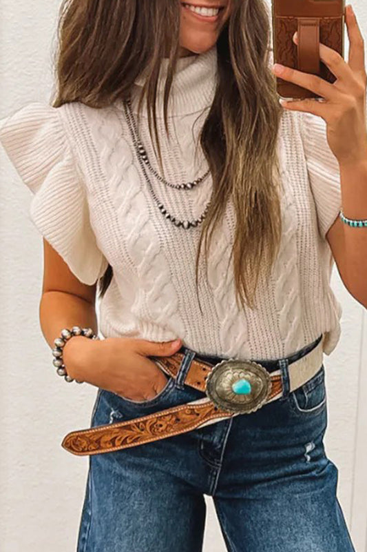 Western Cable Knit Turtleneck Ruffle Sleeve Sweater Top