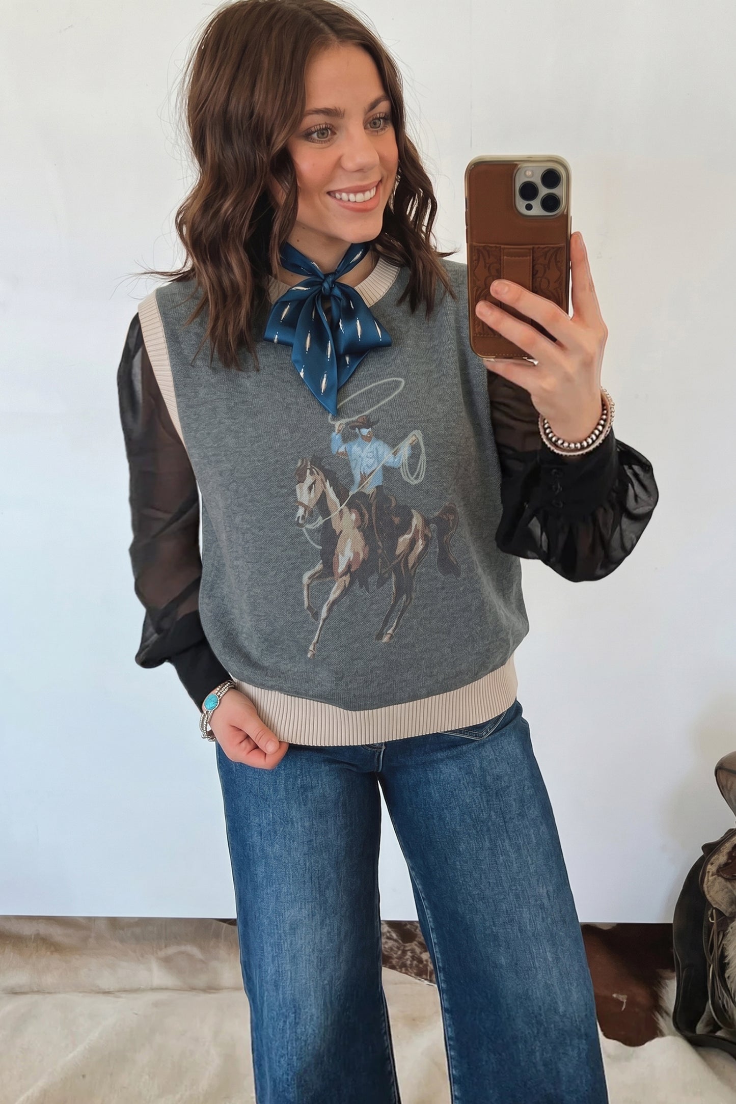 Khaki Western Cowboy Horse Print Knit Sweater Vest