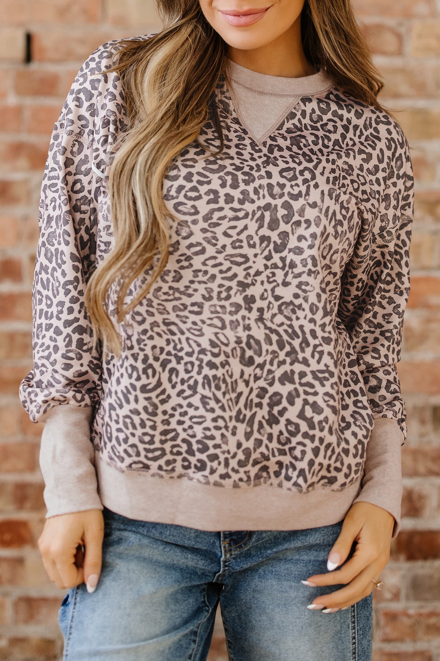 Leopard Print Long Sleeve Crew Neck Casual Sweatshirt