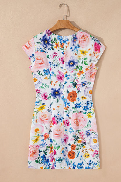 Easter Floral Cap Sleeve Crew Neck Mini Dress