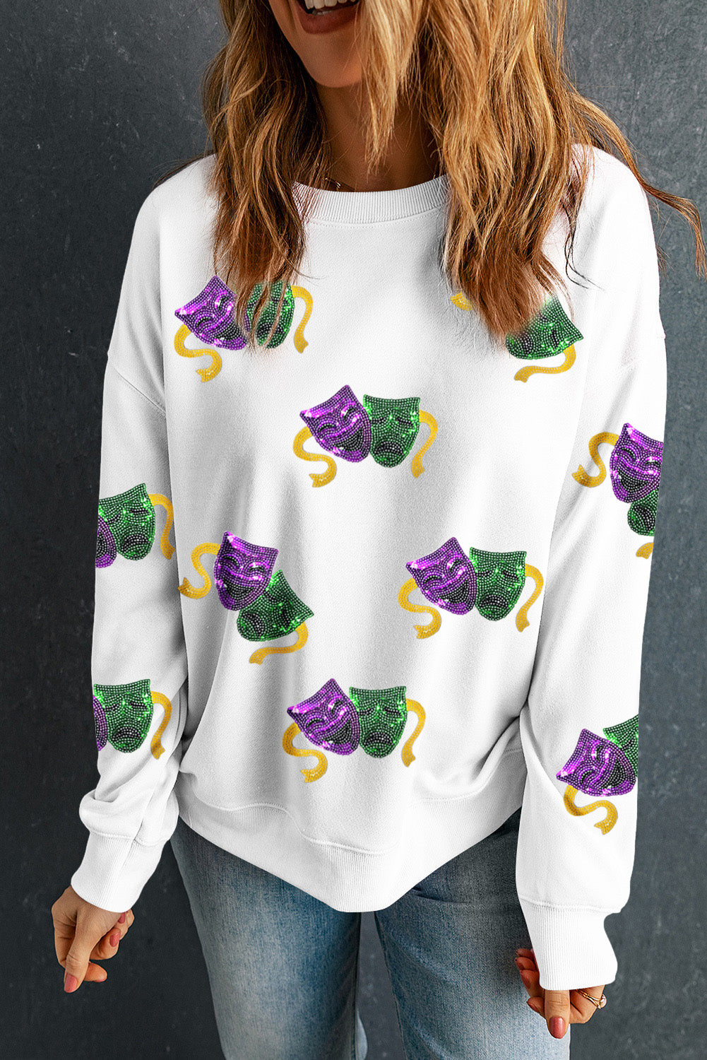 White Sequined Mardi Gras Mask Drop Shoulder Sweatshirt