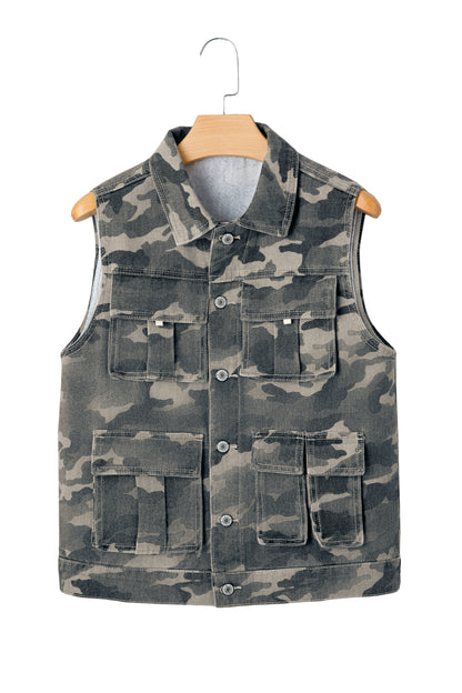 Camo Cargo Button Down Denim Vest with Utility Pockets