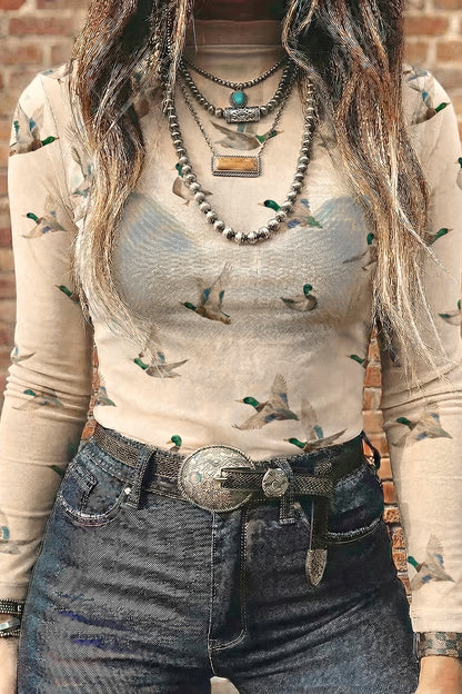 Western Duck Print Mesh Mock Neck Top for Women