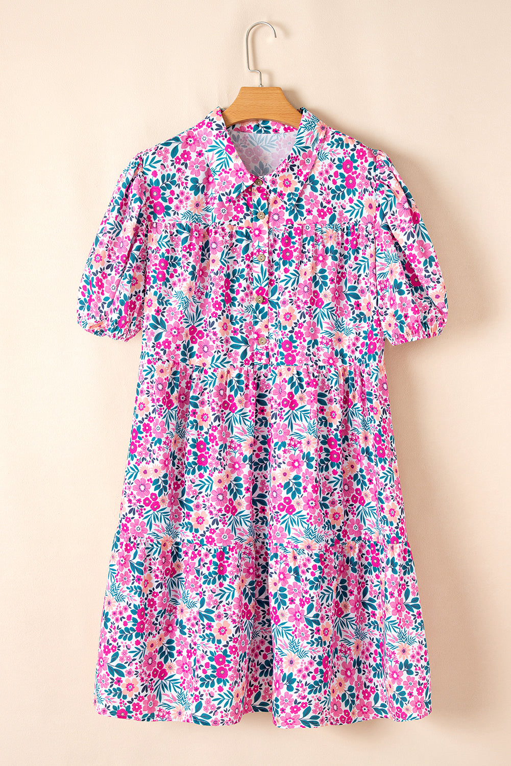 Plus Size Easter Floral Puff Sleeve Button A Line Dress
