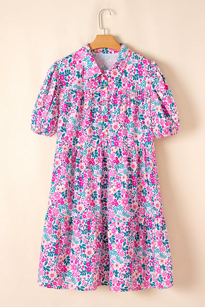 Plus Size Easter Floral Puff Sleeve Button A Line Dress