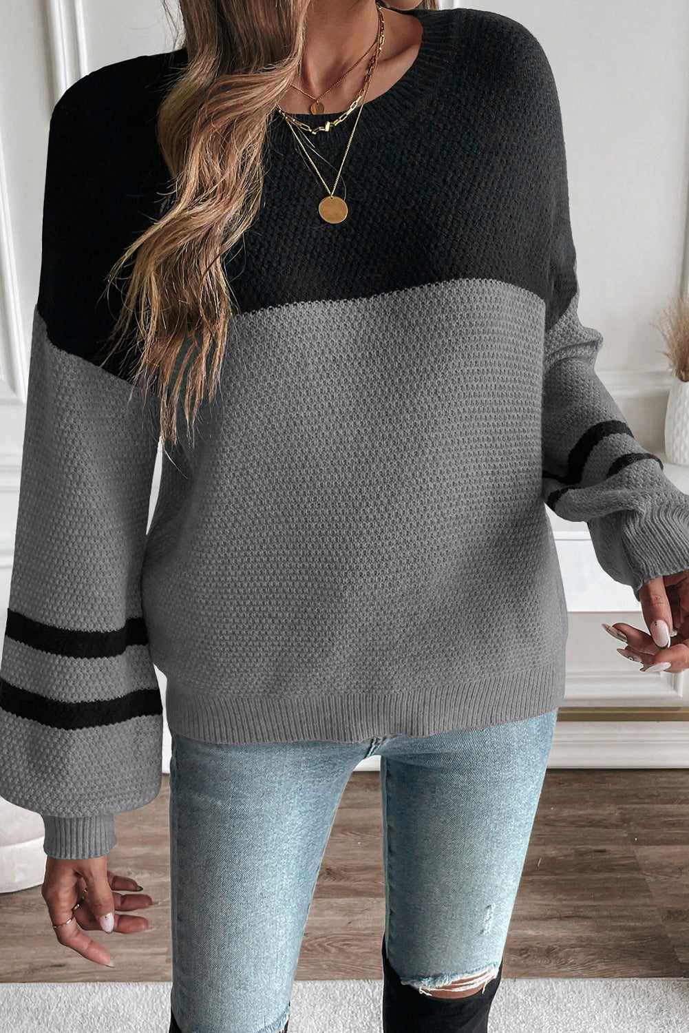 Parchment Color Block Knit Striped Sleeve Detail Casual Sweater