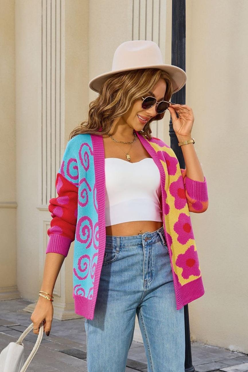 Colorful Floral Knit Cardigan – Open Front Fall Sweater