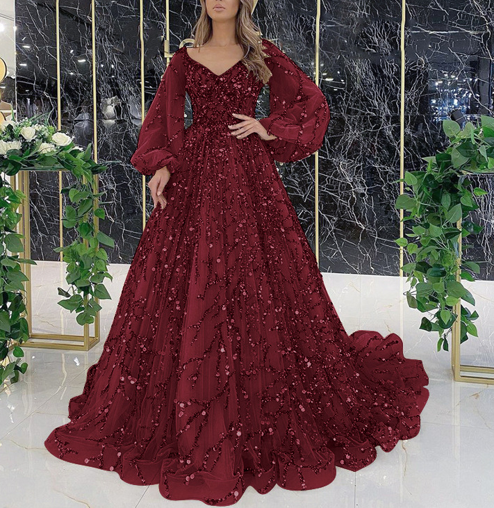 Women's Beaded V-Neck Puff Sleeve Formal Evening Gown