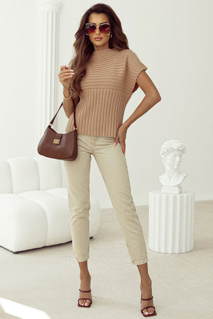 Light French Beige Rib Knitted Wide Sleeve Sweater T Shirt