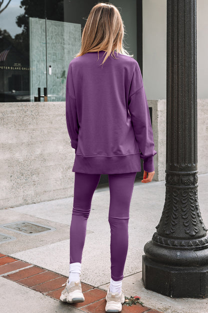 Solid Oversize Slit Sweatshirt with Ribbed Leggings Set
