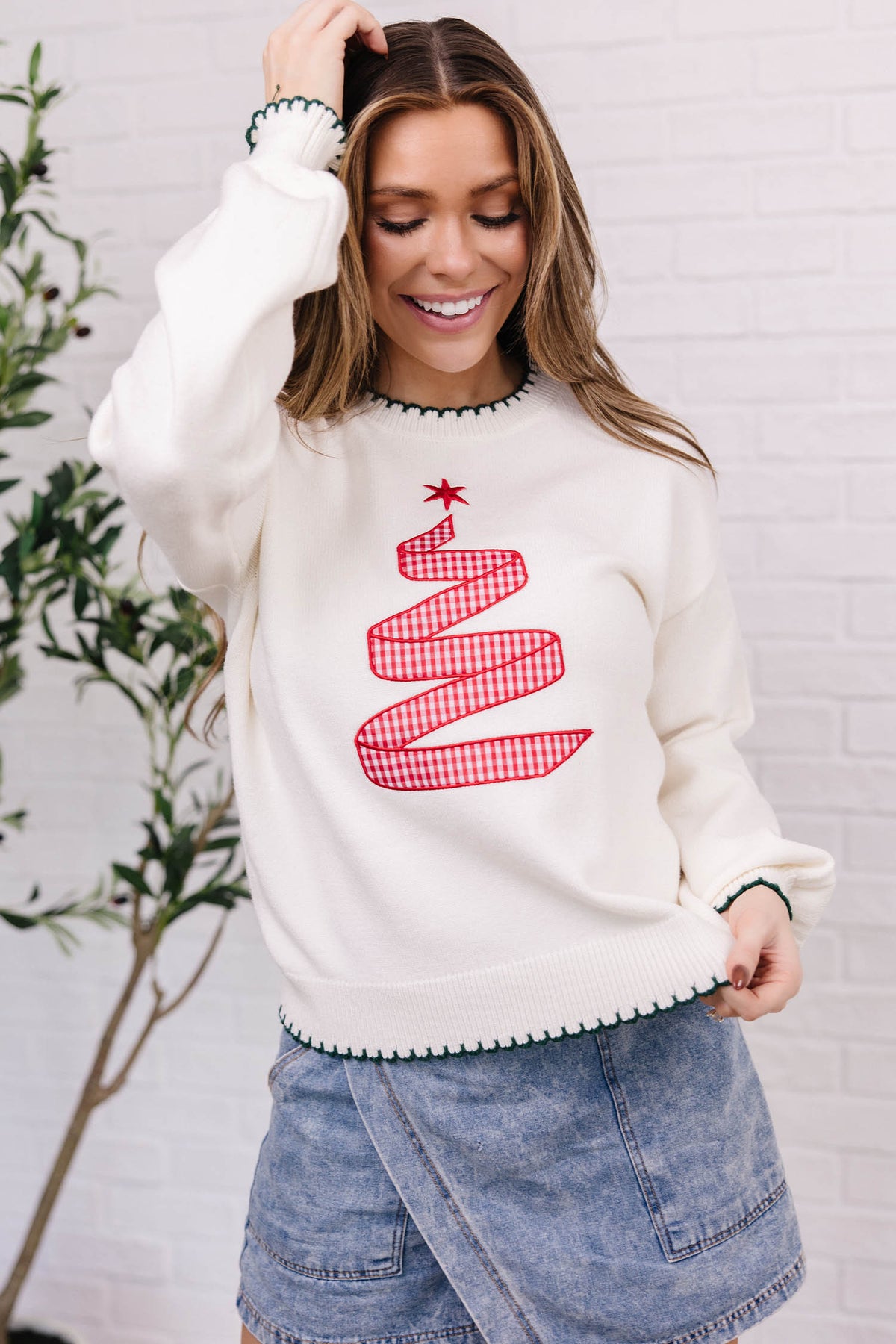 Women's Plaid Ribbon Christmas Tree Knit Sweater