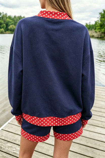 Red Gingham Trim Sweatshirt Shorts Two Piece Set