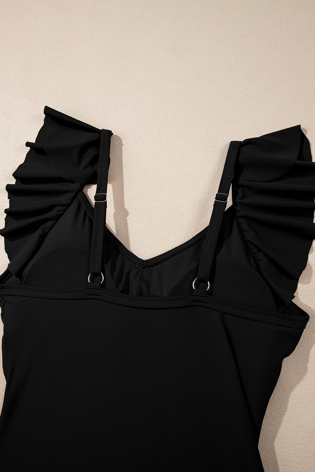 Black Ruffle Cross Front Cutout Slim Fit Tankini Set