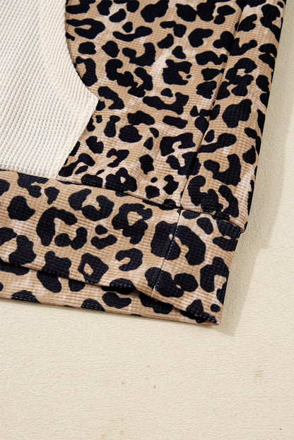 Leopard Print Waffle Knit Contrast Hoodie with Kangaroo Pocket