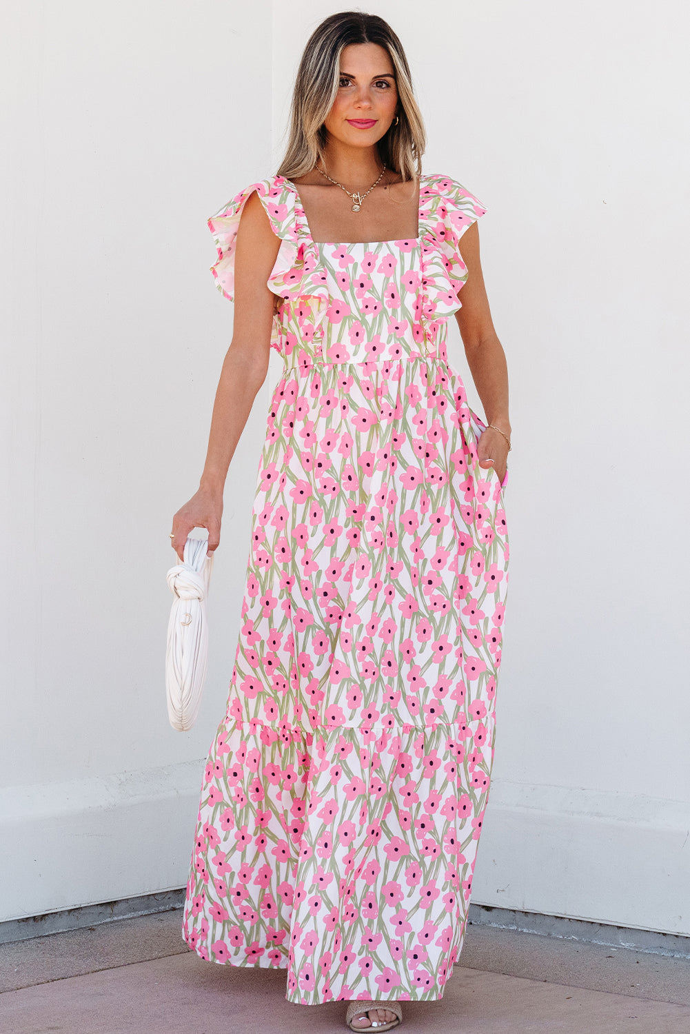Pink Floral Square Neck Ruffle Sleeve Maxi Dress