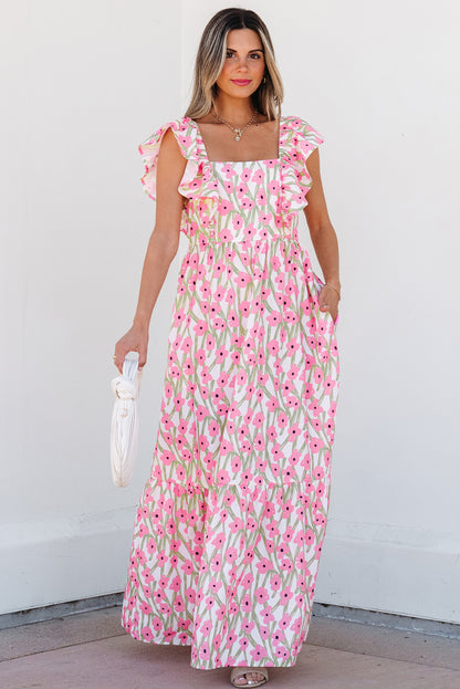 Pink Floral Square Neck Ruffle Sleeve Maxi Dress