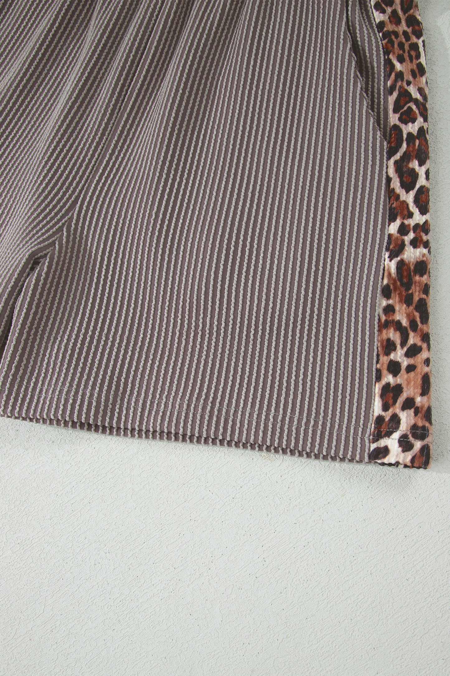 Leopard Trim Ribbed Short Sleeve Top and Shorts Set