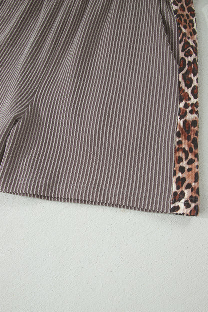 Leopard Trim Ribbed Short Sleeve Top and Shorts Set