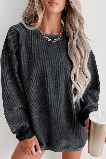 Customizable Solid Ribbed Knit Round Neck Casual PulloverSweatshirt