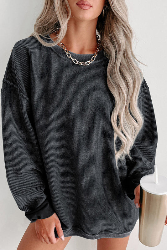 Round Neck Solid Ribbed Knit Pullover Sweatshirt