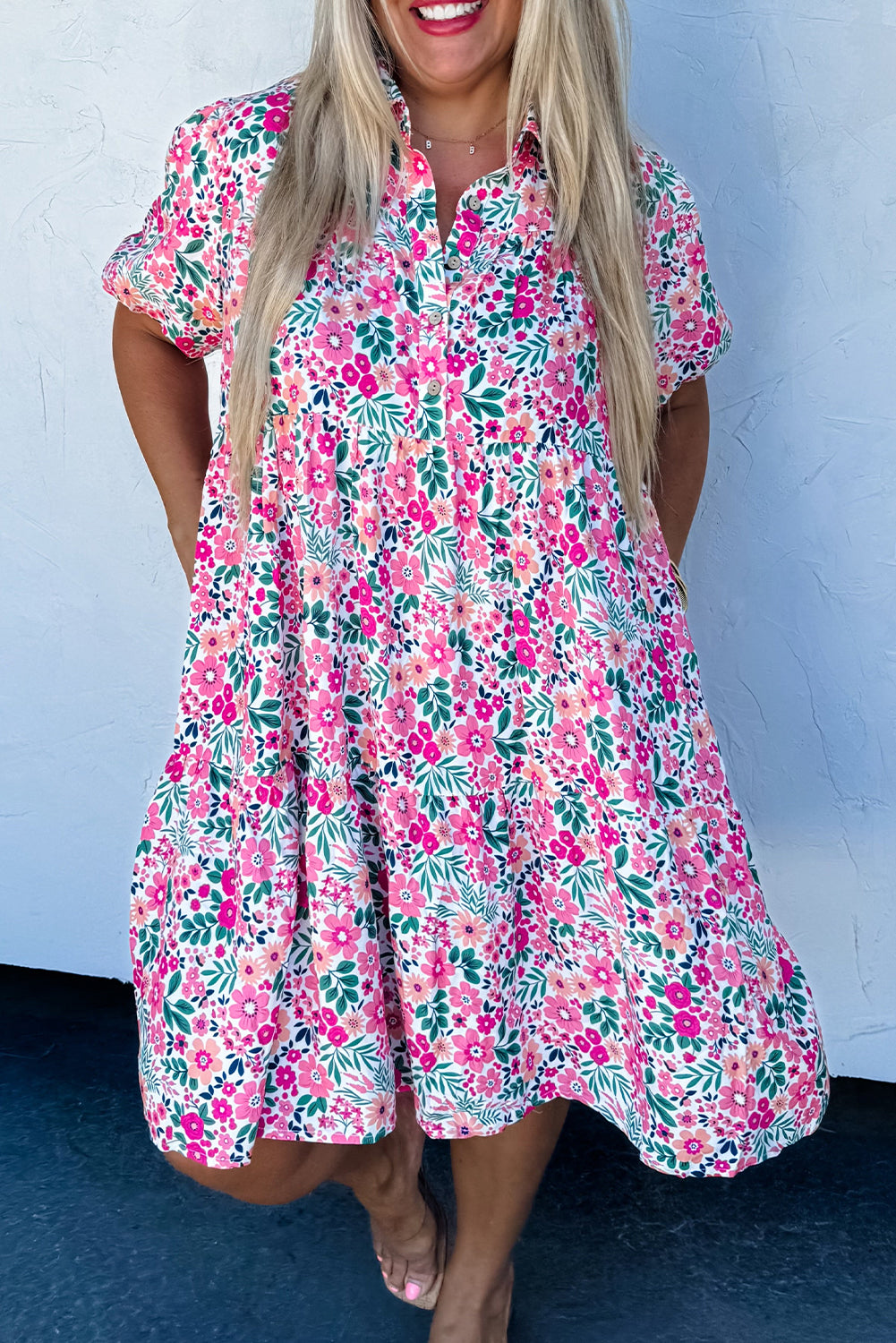 Plus Size Easter Floral Puff Sleeve Button A Line Dress