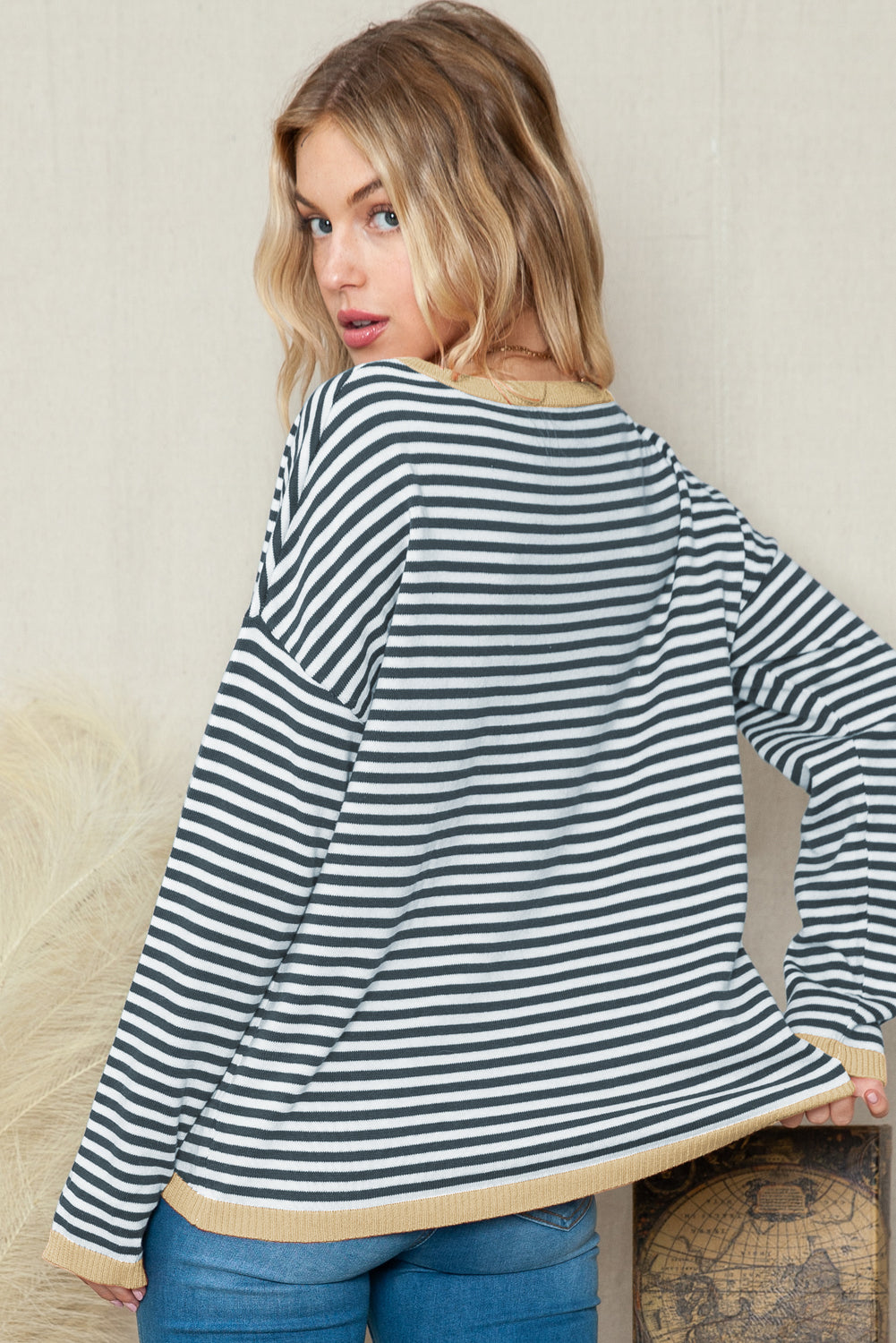 Contrast Trimmed Striped Drop Shoulder Sweater