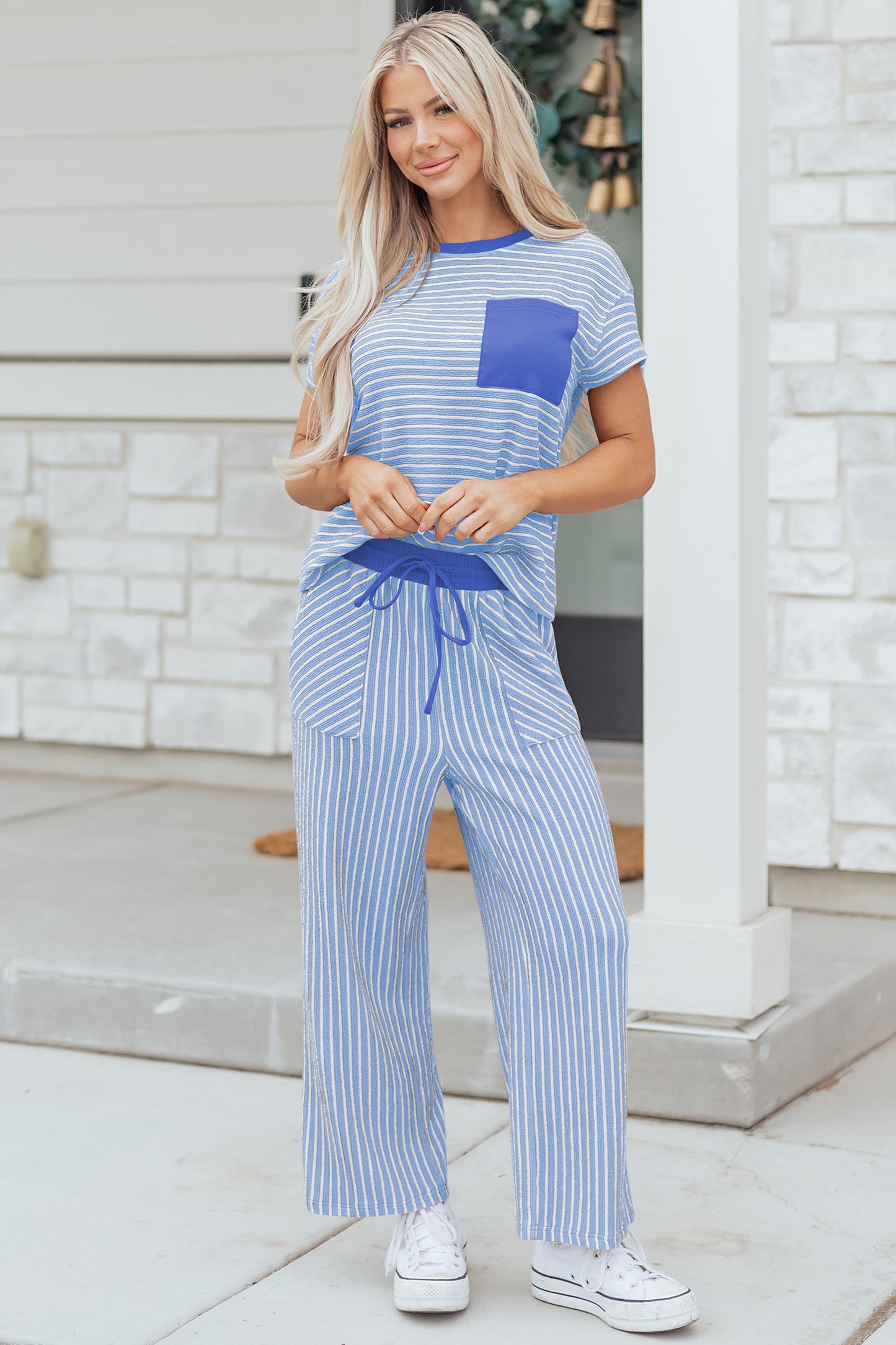 Khaki Stripe Crew Neck Tee Drawstring Waist Cropped Pants Set