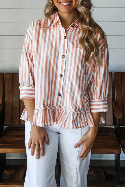 Khaki Stripe Button Front Shirt Ruffle Hem Peplum Top