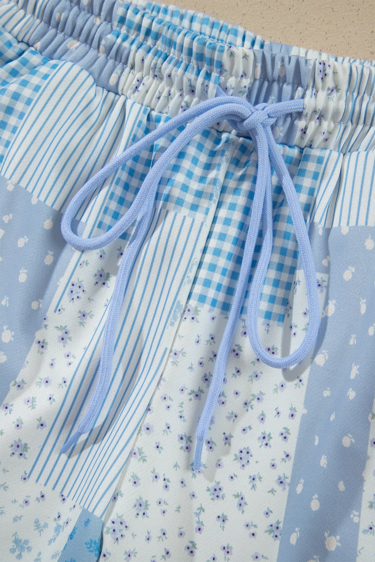 Sky Blue Floral Patchwork Pullover Shorts Set