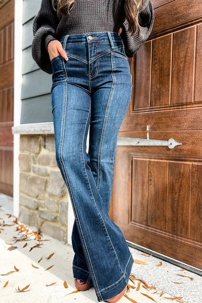 High Waist Flare Jeans with Contrast Seams & Pockets