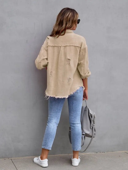 Washed Distressed Denim Shacket Oversized Raw Hem Jacket