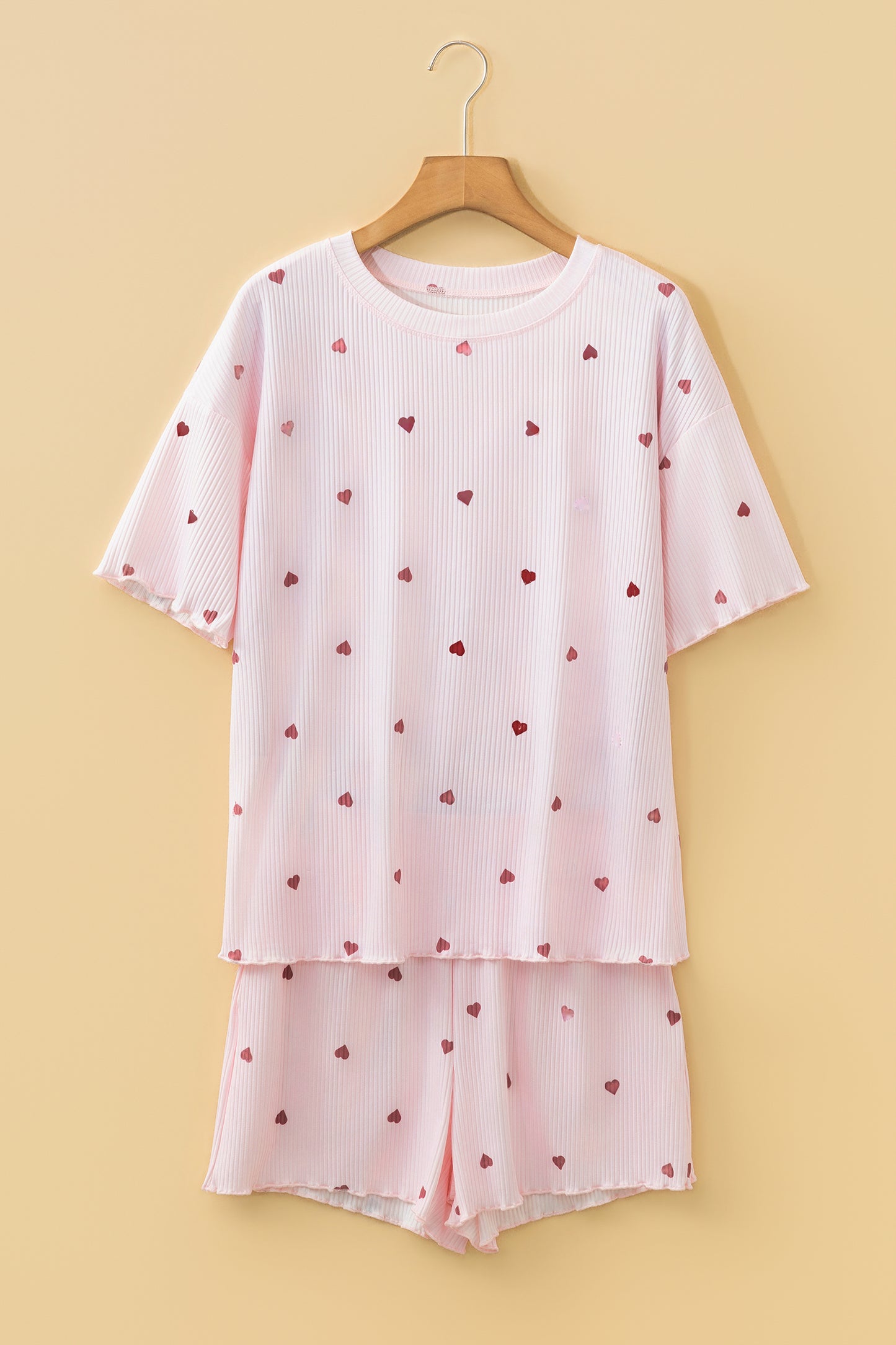 Pink Heart Print Ribbed Knit Valentine Lounge Short Set