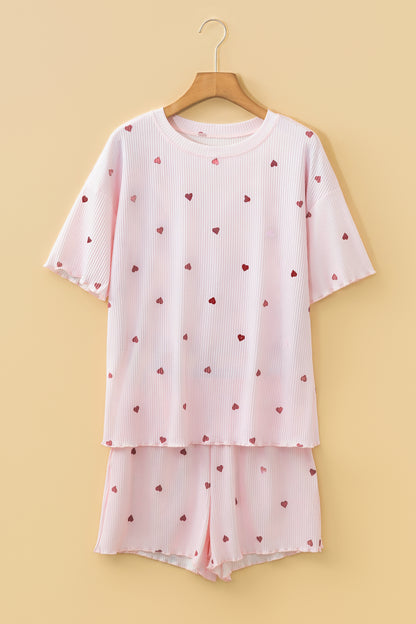 Pink Heart Print Ribbed Knit Valentine Lounge Short Set