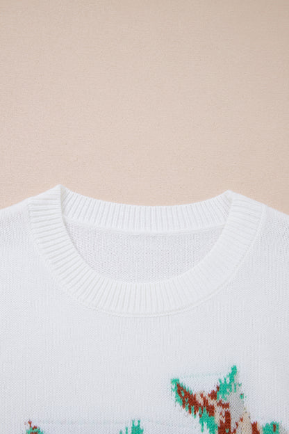 White Bird Pattern Drop Shoulder Knit Pullover Sweater