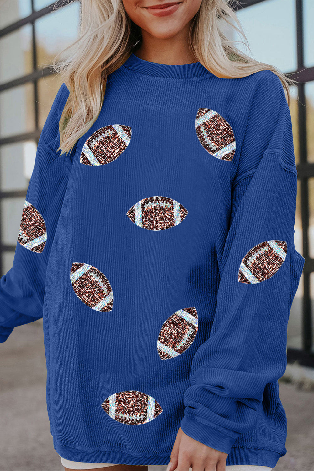 Dark Blue Game Day Sequin Football Patch Ribbed Sweatshirt