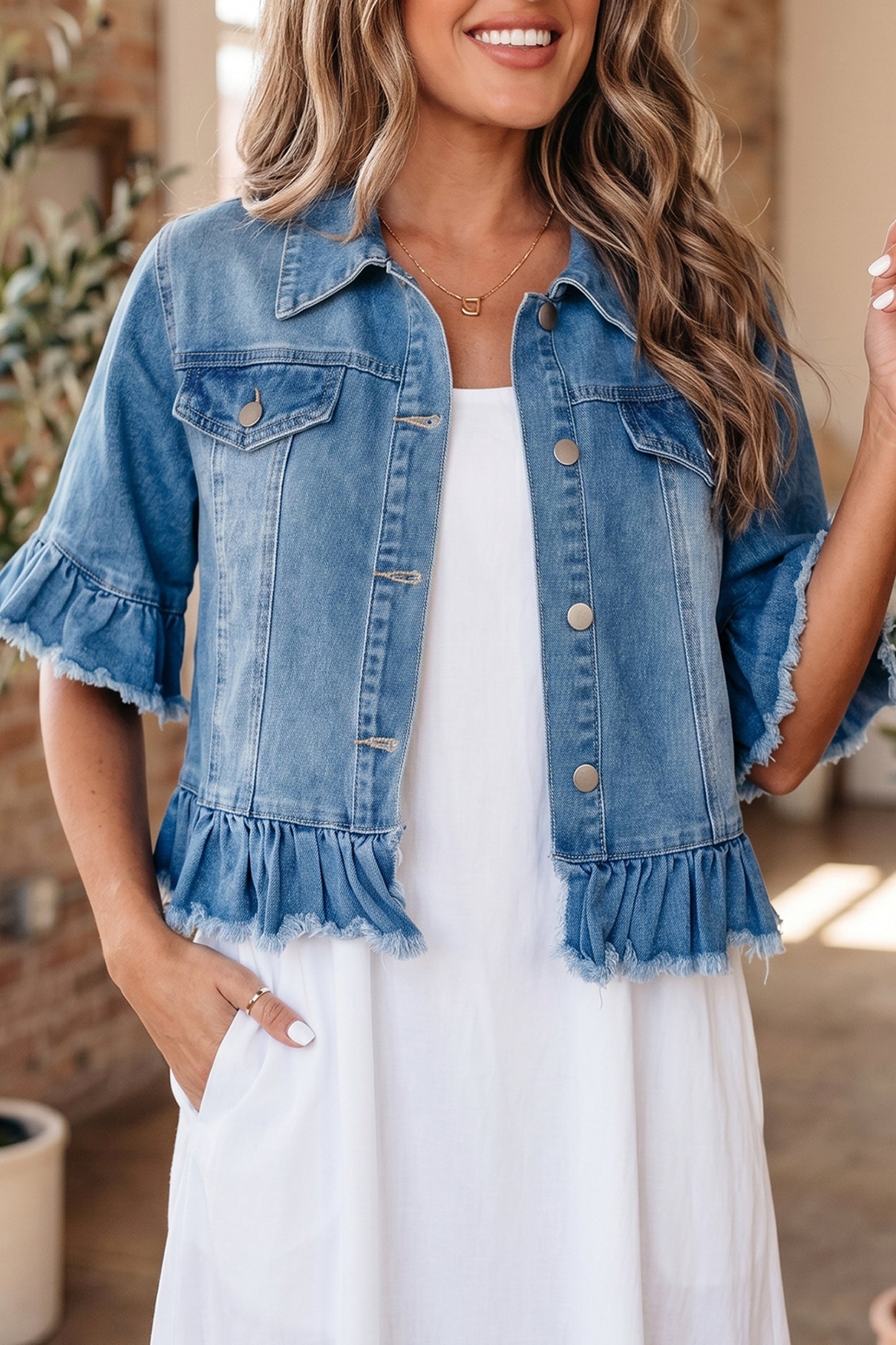 Ruffle Trim Raw Hem Half Sleeve Cropped Denim Jacket