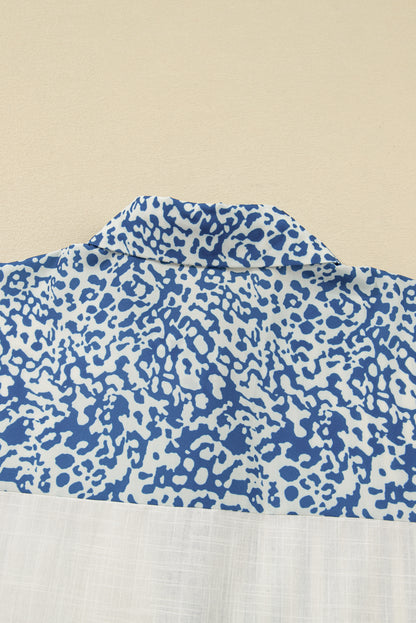 Sky Blue Striped Leopard Patchwork Cotton Plus Shirt