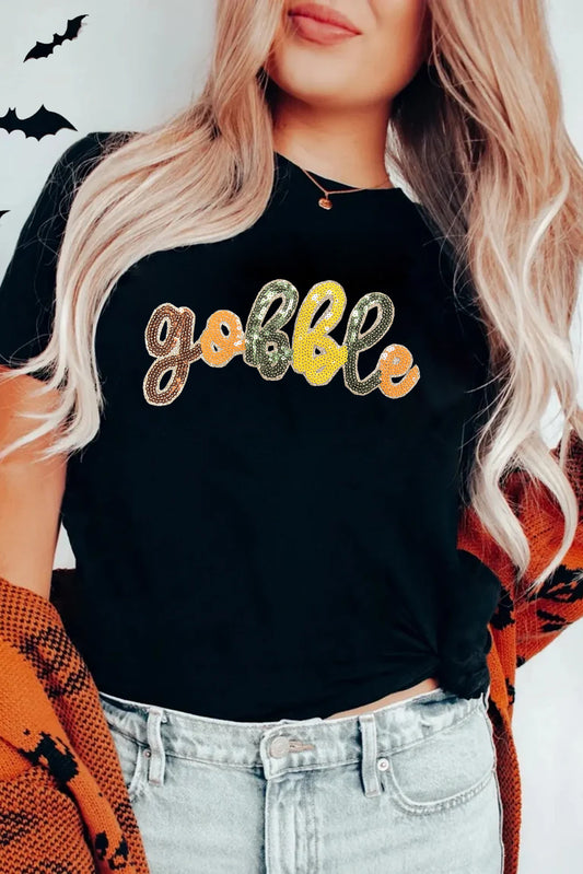 Black Sequin Gobble Graphic Thanksgiving T Shirt