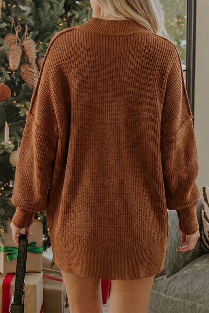 Orchid Purple Mock Neck Ribbed Knit Oversized Sweater Top