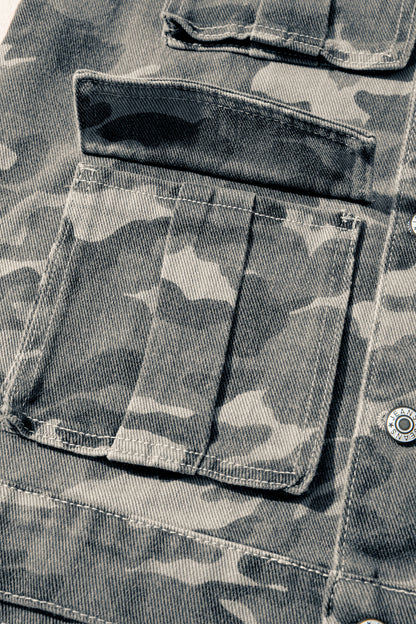 Camo Cargo Button Down Denim Vest with Utility Pockets